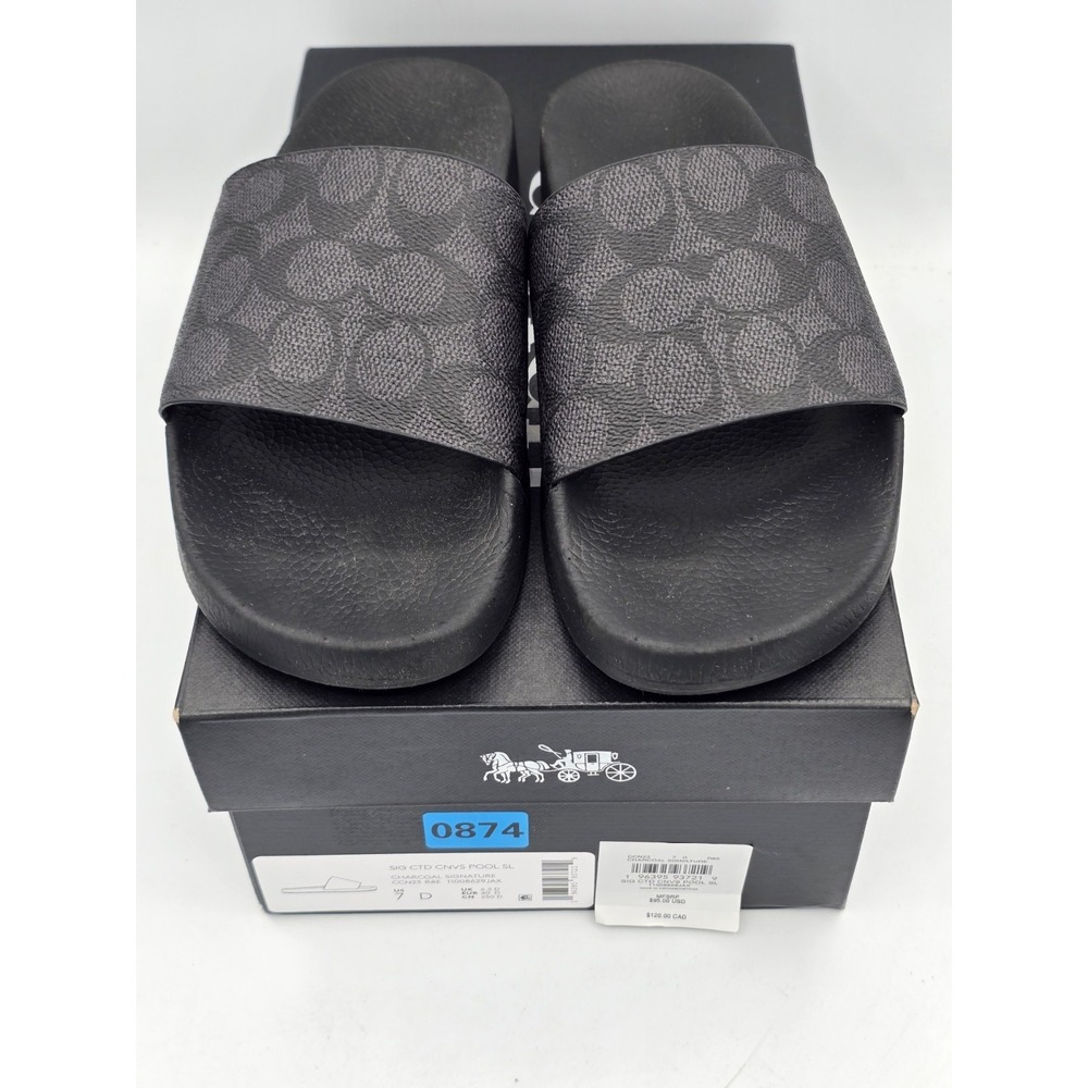 Coach SIG CTD CNVS POOL SL Black Signature Men's Canvas Slide Sandals Logo Sz 7 - Picture 3 of 12